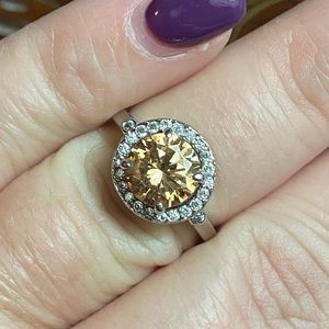 size 6 silver ring with citrine yellow center stone and topaz white stones